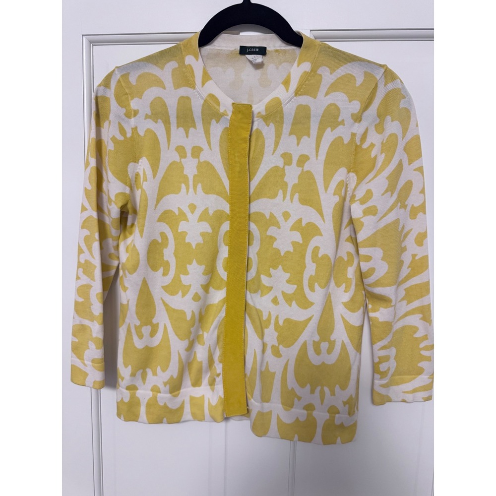 J.Crew Women Yellow White Damask Print Cotton Cardigan Med i3/4 Slv Cottagecore